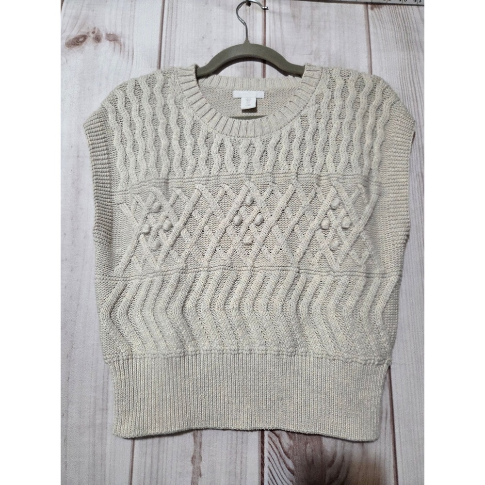 Pure Jill Collection Womens Large Beige Cable Knit‎ Bobble Sweater Vest Oatmeal